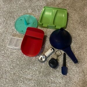Tupperware spoon, rest, scoop funnel, and gadgets
